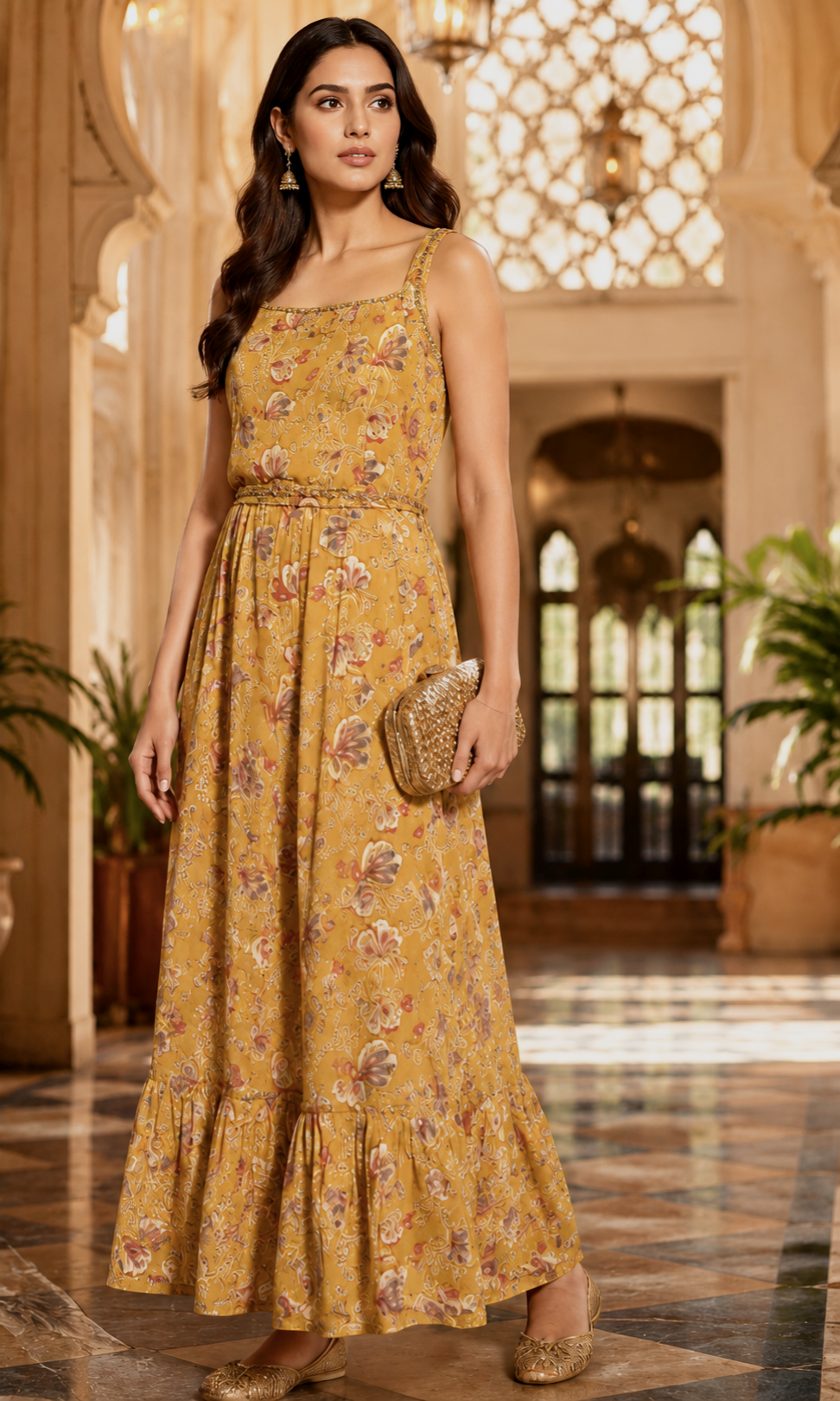 Golden Bloom Floral Maxi Dress