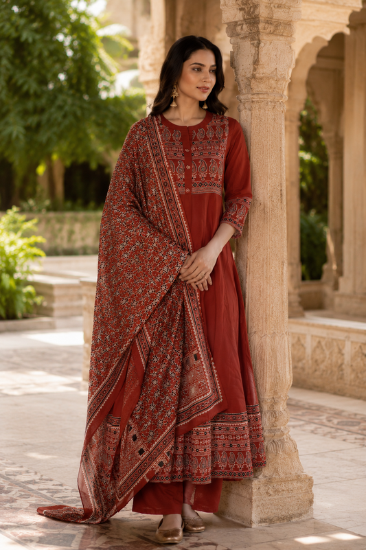 Jaipuri Rust Grace Anarkali Set