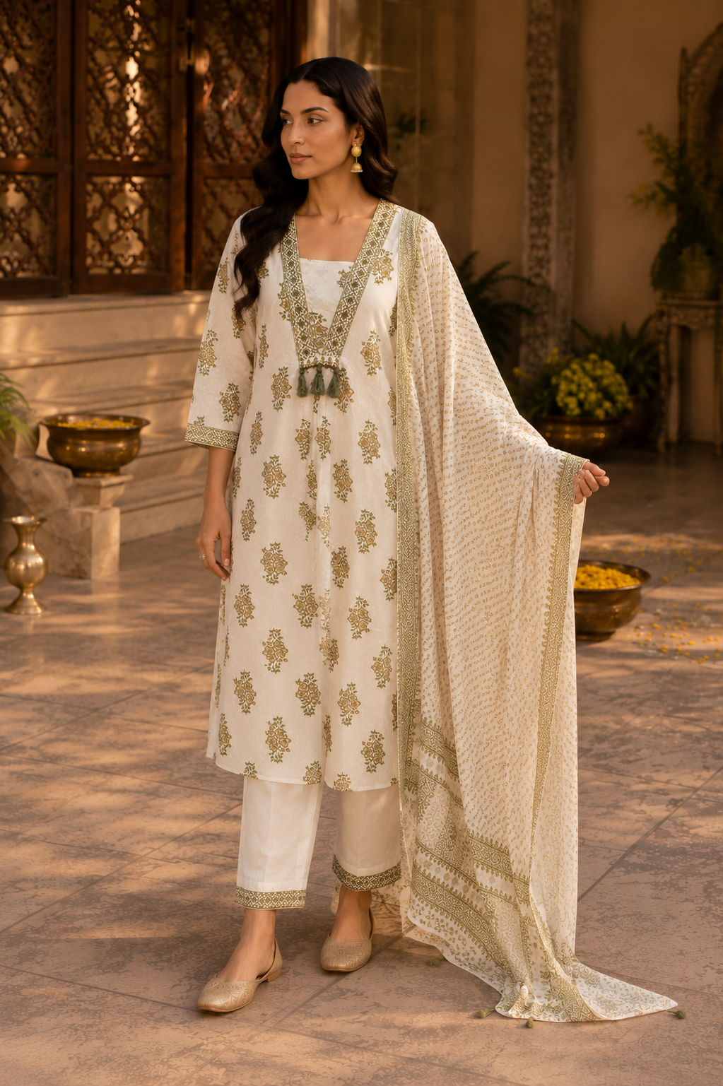 White Bloom Heritage Kurti Set