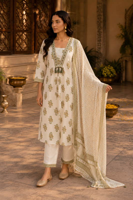 White Bloom Heritage Kurti Set