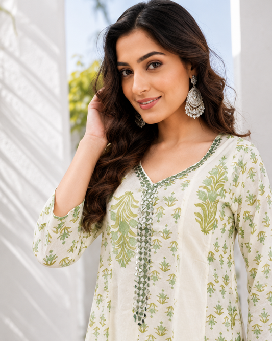 Jaipuri Printed Cream Anarkali