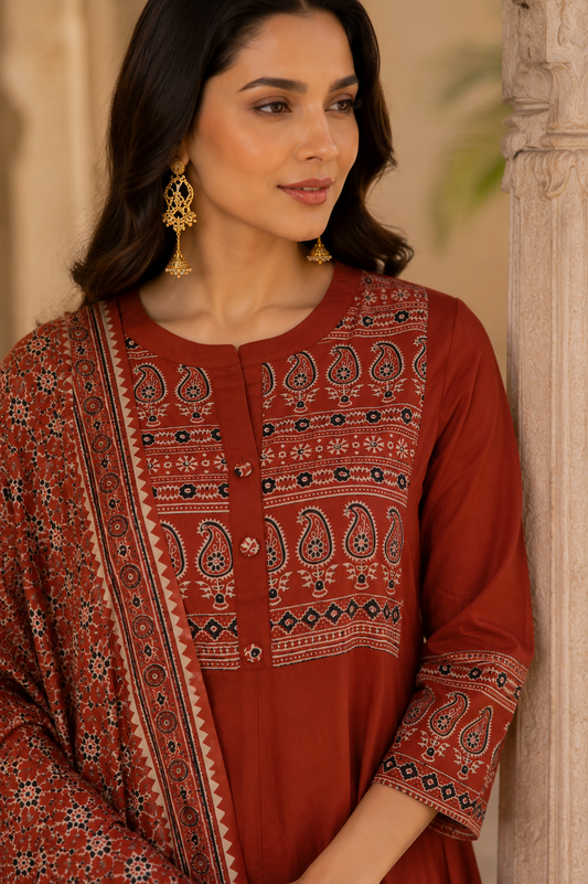 Jaipuri Rust Grace Anarkali Set