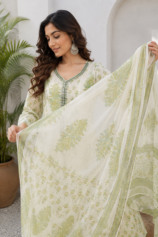 Jaipuri Printed Cream Anarkali