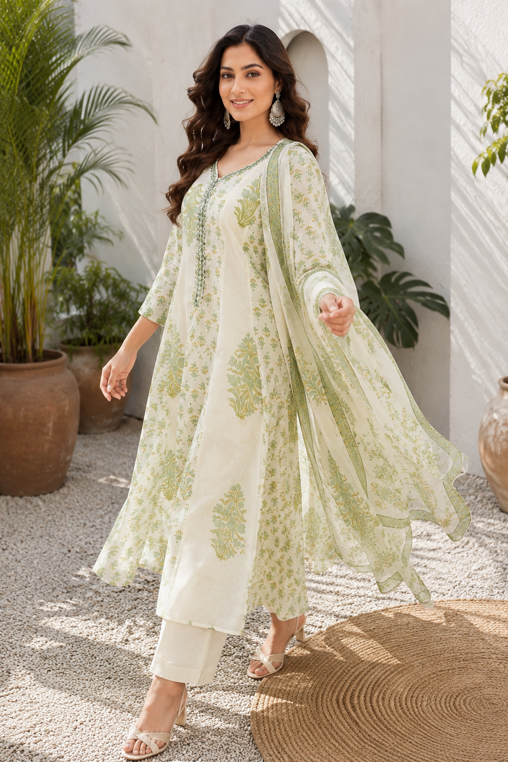 Jaipuri Printed Cream Anarkali