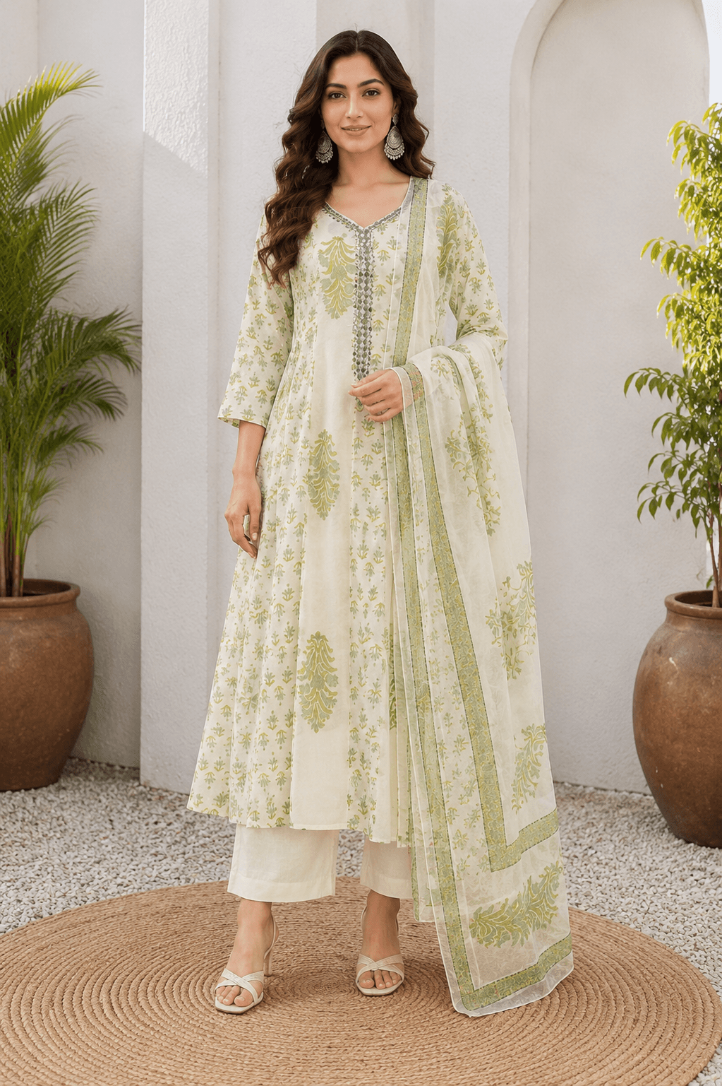 Jaipuri Printed Cream Anarkali