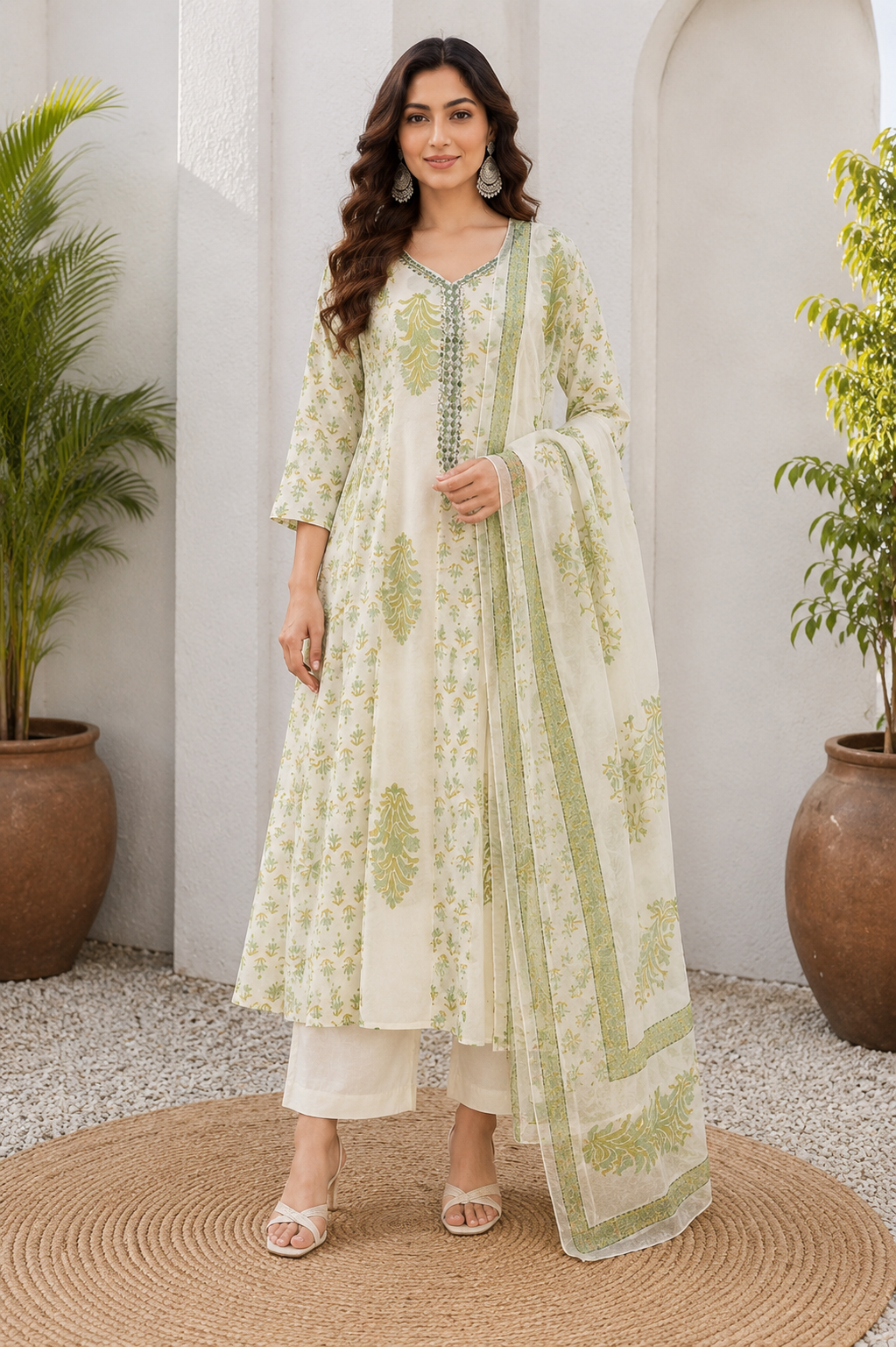 Jaipuri Printed Cream Anarkali