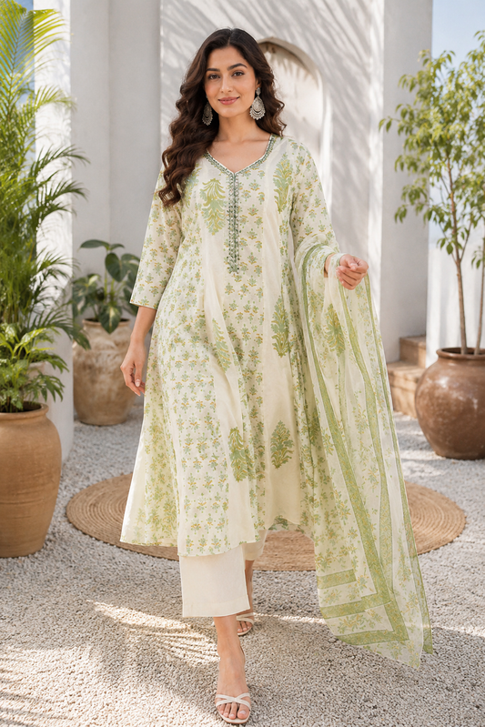 Jaipuri Printed Cream Anarkali