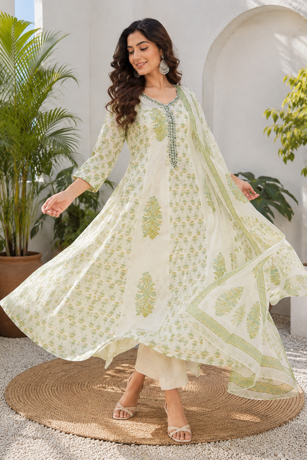 Jaipuri Printed Cream Anarkali