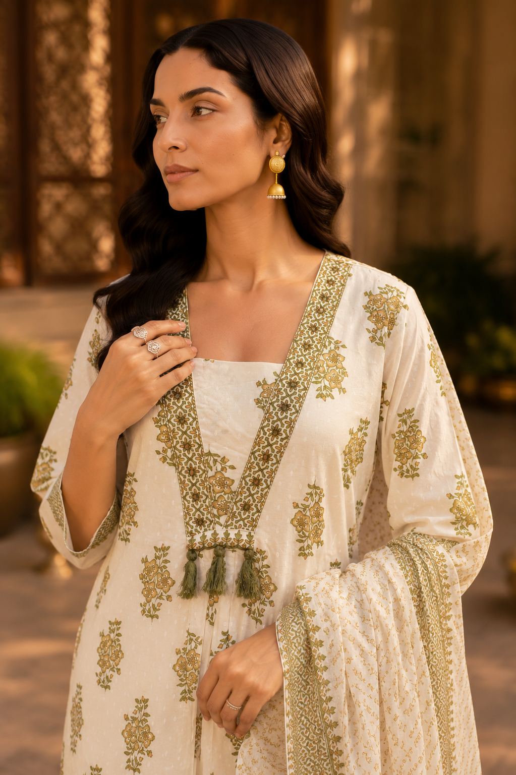 White Bloom Heritage Kurti Set
