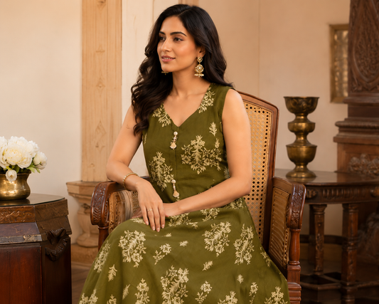 Olive Bloom Flared Frock