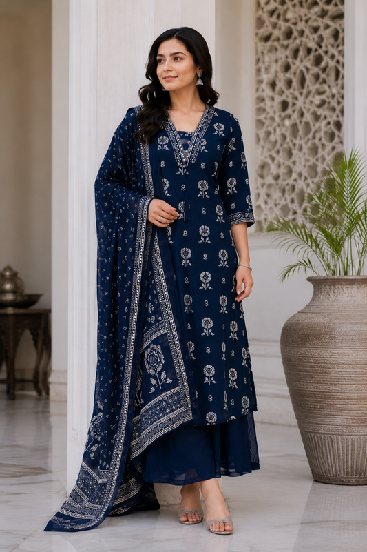 Timeless Navy Floral Palazzo Set