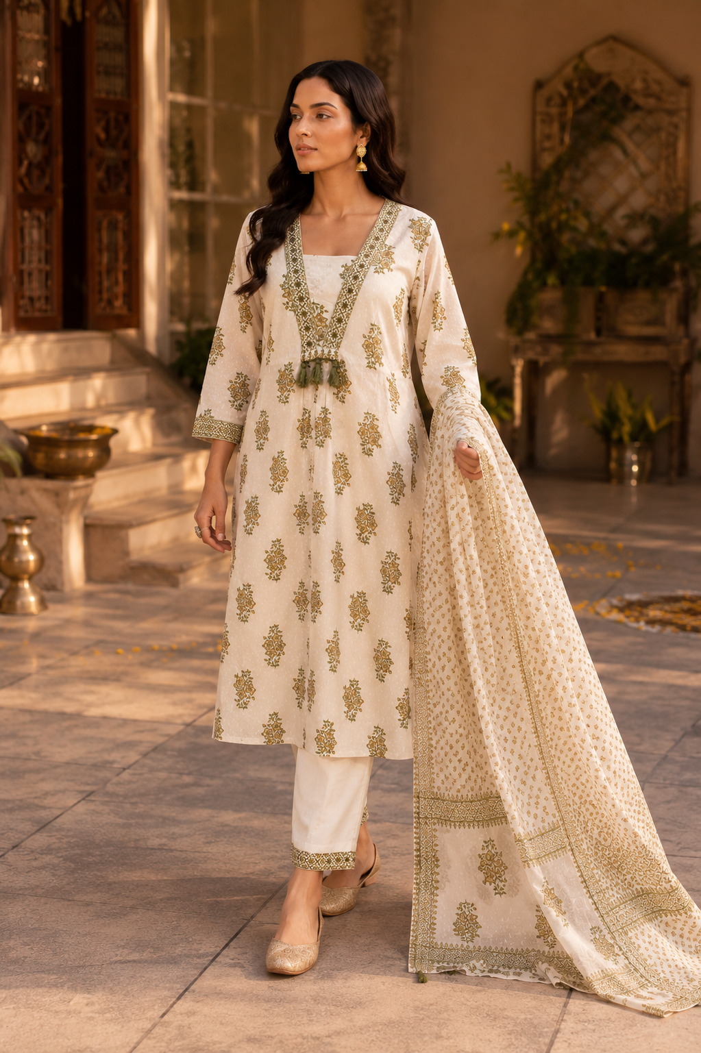 White Bloom Heritage Kurti Set