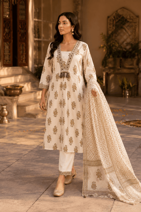 White Bloom Heritage Kurti Set