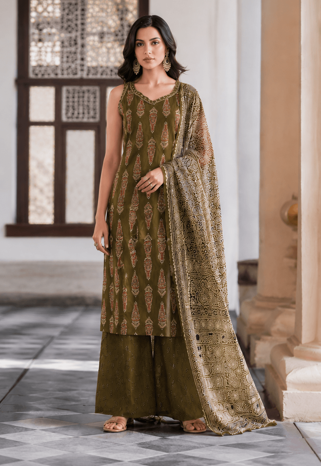 Mehandi Heritage Printed Kurta Palazzo Set