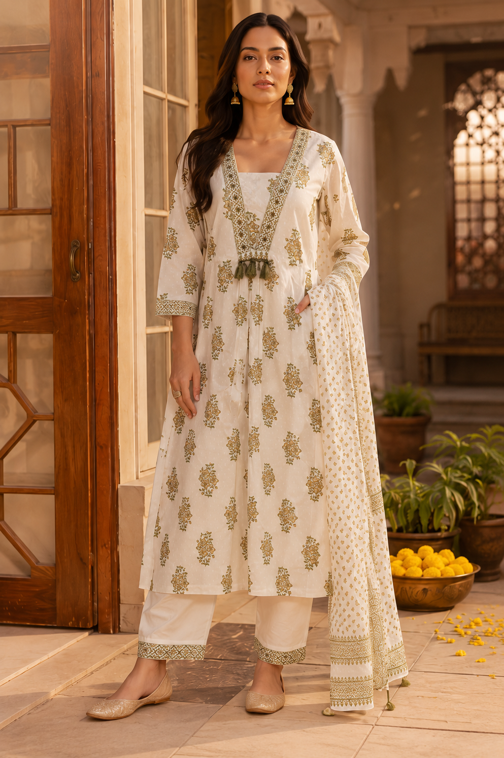 White Bloom Heritage Kurti Set