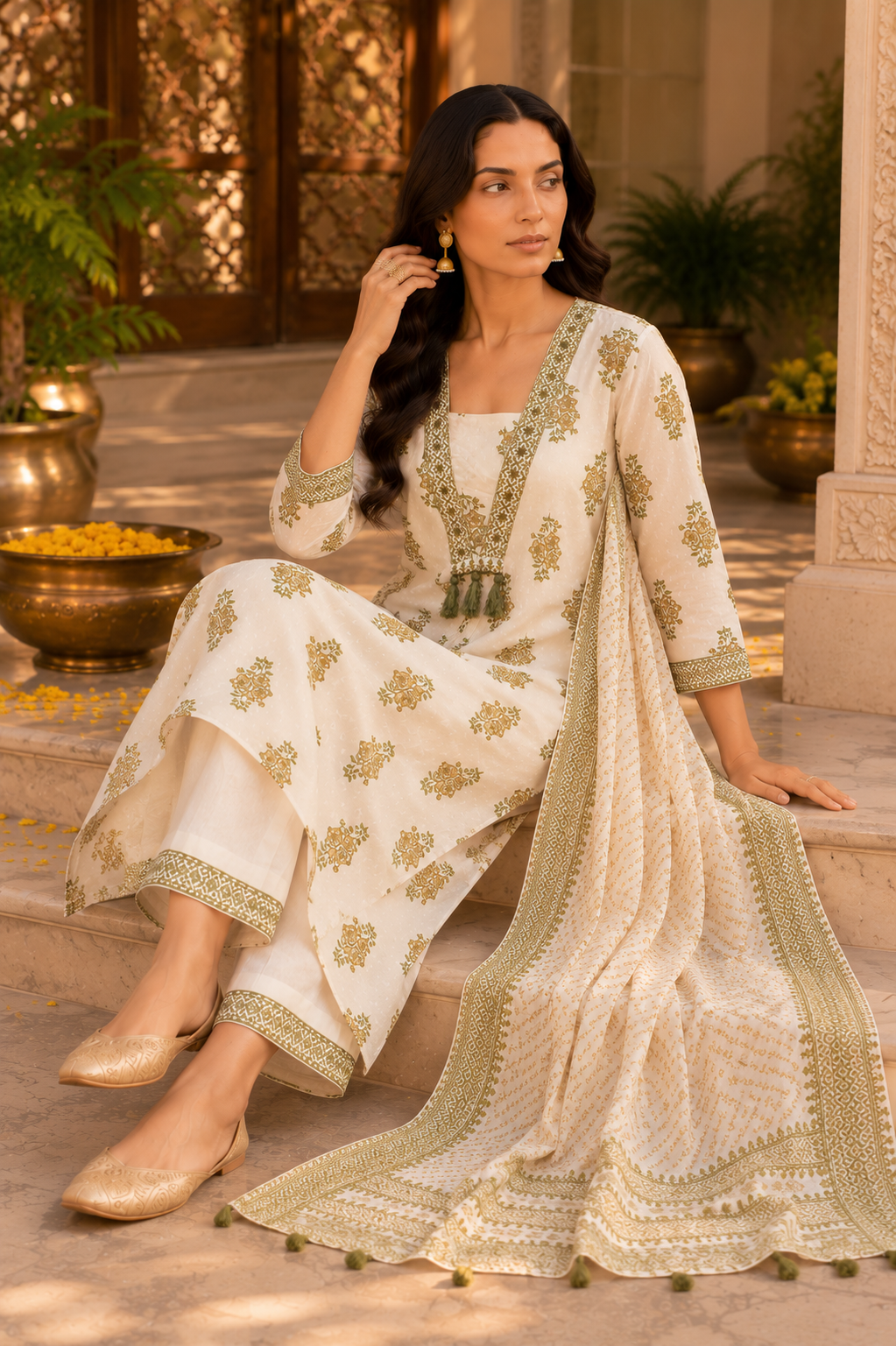 White Bloom Heritage Kurti Set