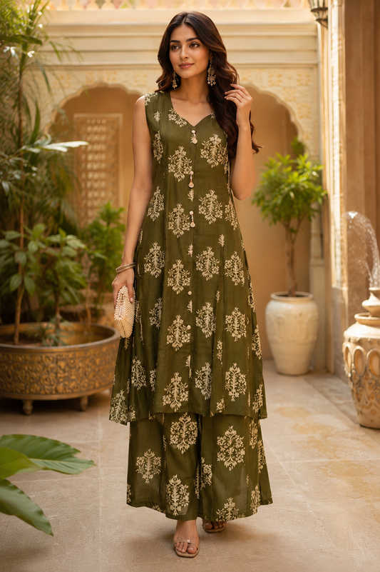 Olive Bloom Flared Frock