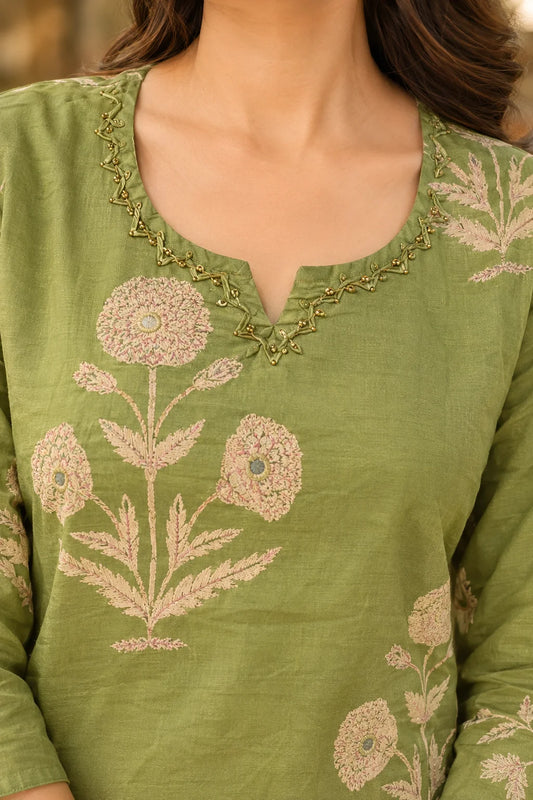 Olive Bloom Printed Kurti Set
