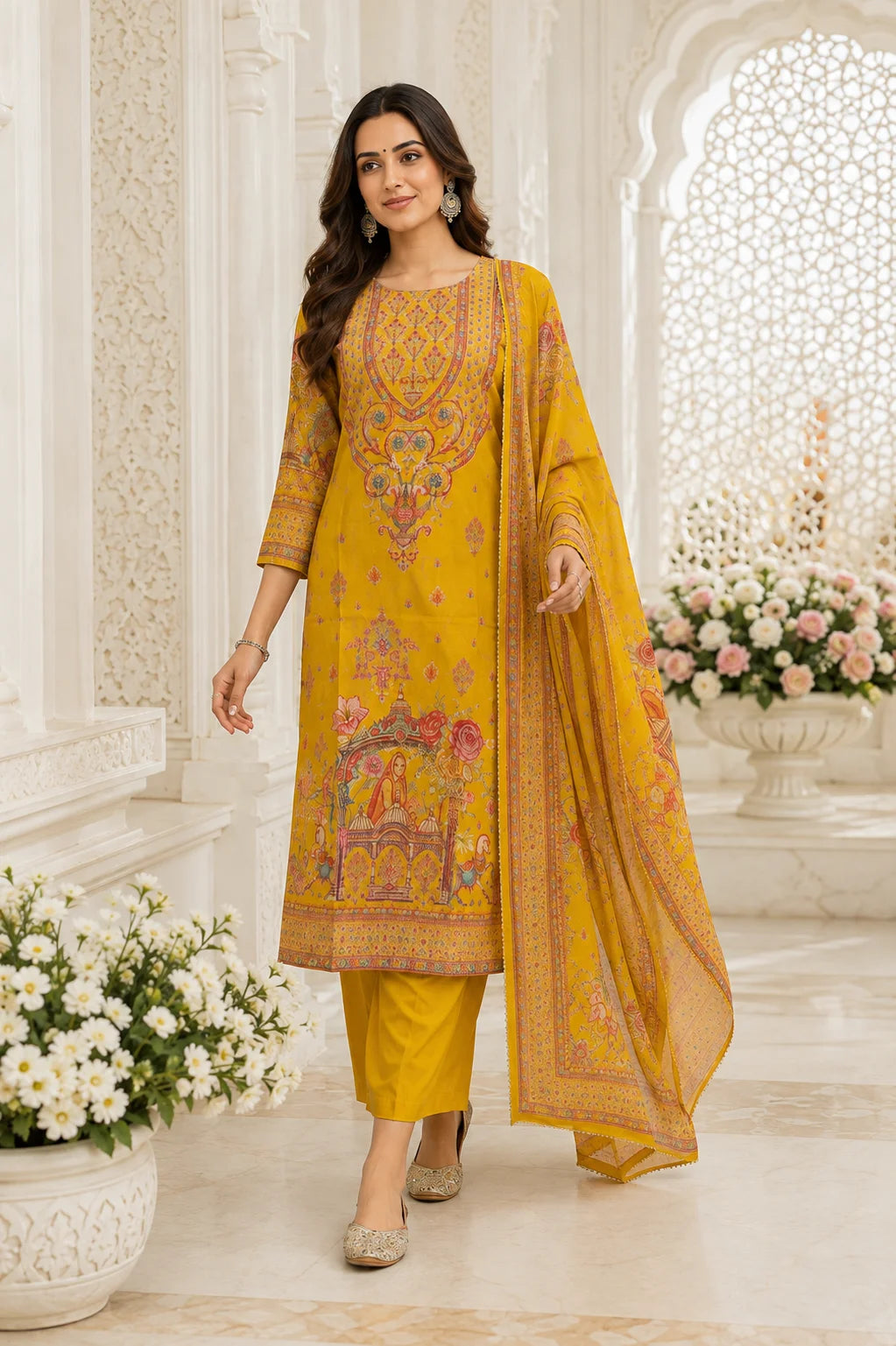 Mustard Heritage Printed Kurta Set