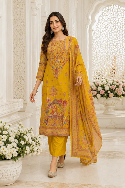 Mustard Heritage Printed Kurta Set