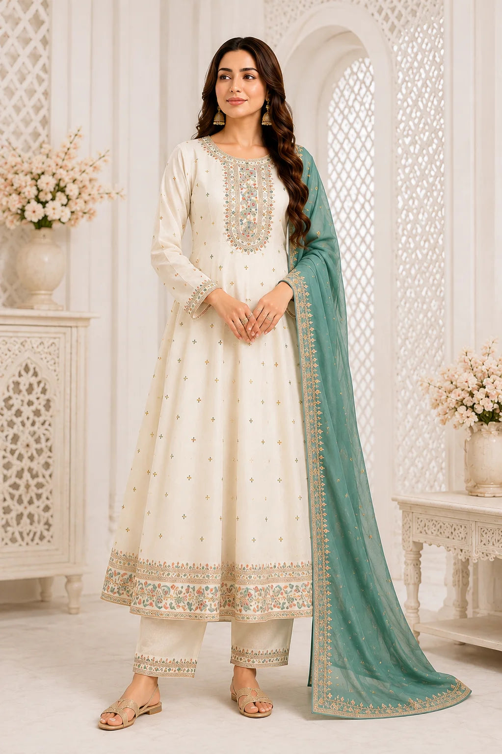 White Floral Embroidered Anarkali Frock Suit with Teal Dupatta