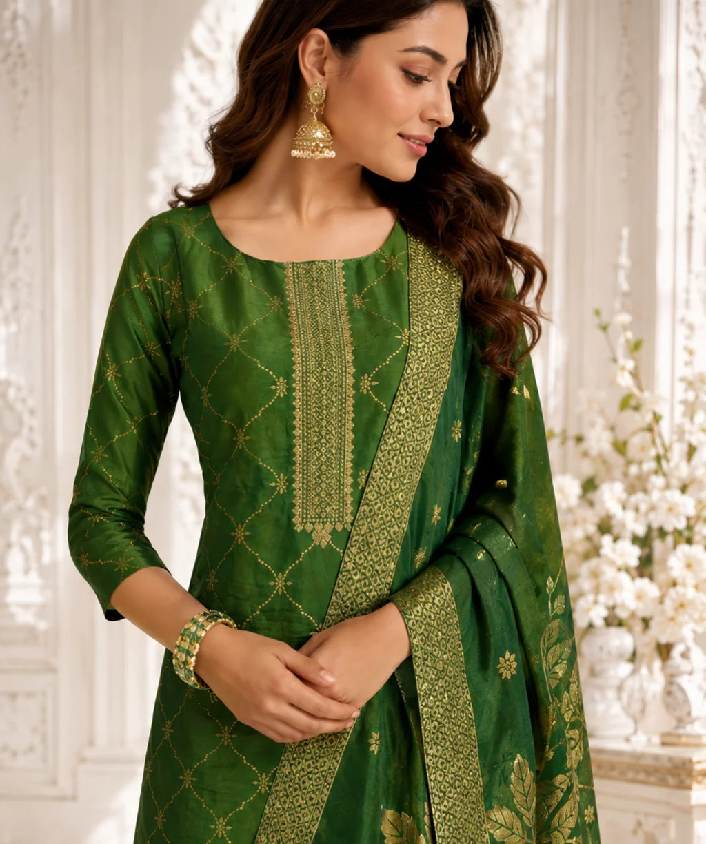 Emerald Green Dola Silk Gold-Embroidered Kurta Set