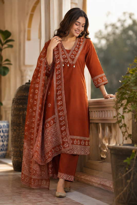 Rust Royale Embroidered Kurta Set