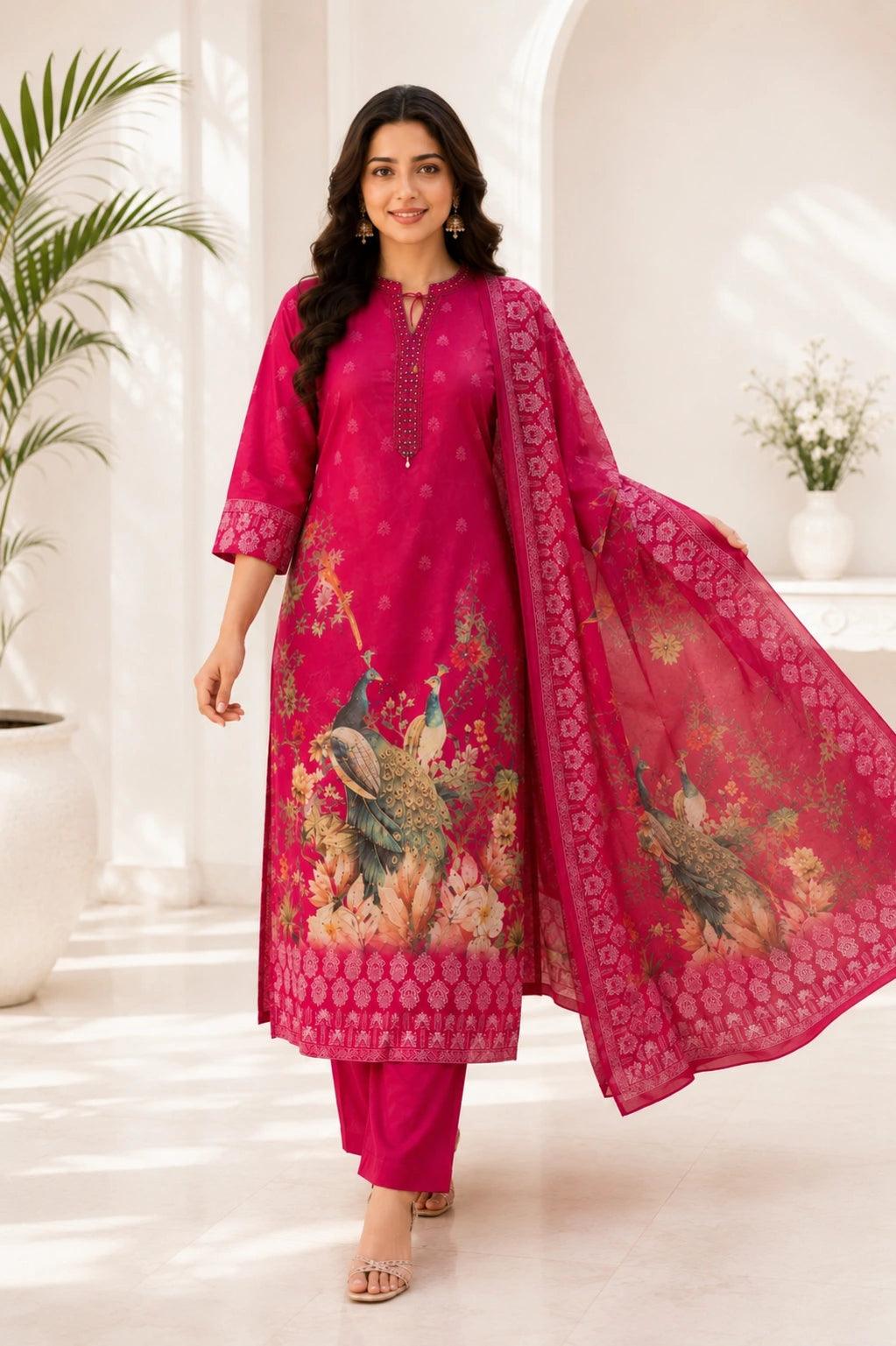 Raniriwaaz Peacock Bloom Hot Pink Kurta Sets