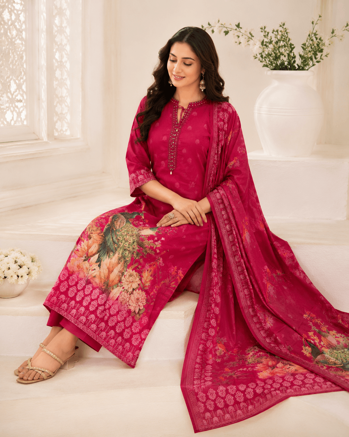 Raniriwaaz Peacock Bloom Hot Pink Kurta Sets