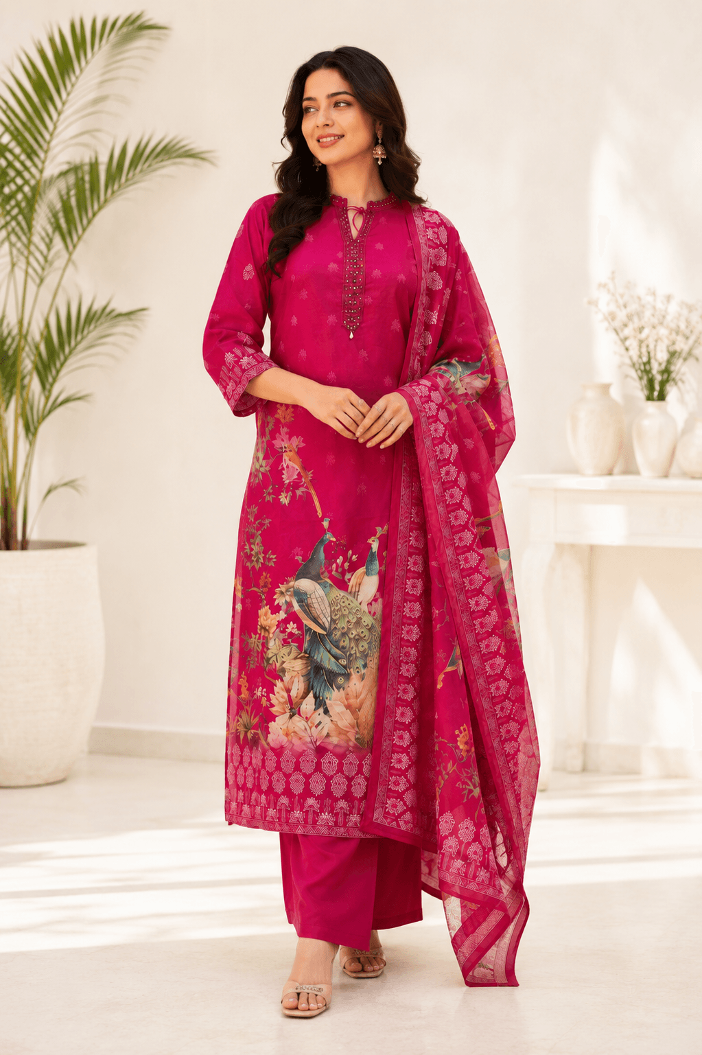 Raniriwaaz Peacock Bloom Hot Pink Kurta Sets
