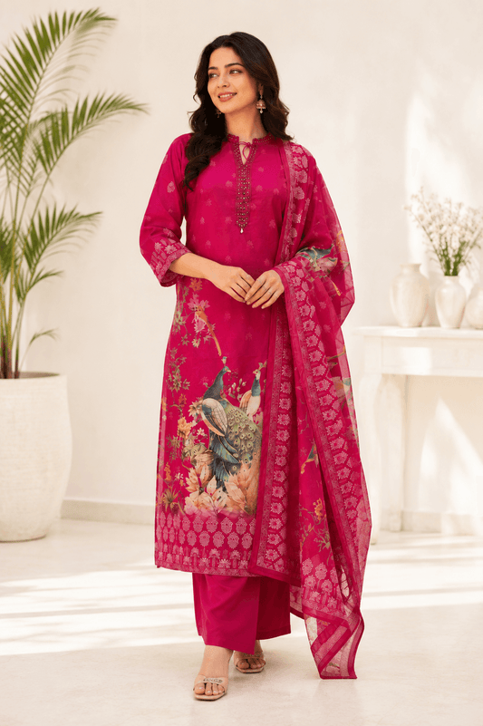 Raniriwaaz Peacock Bloom Hot Pink Kurta Sets