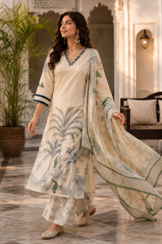 Raniriwaaz Ivory Heritage Garden Kurta Set