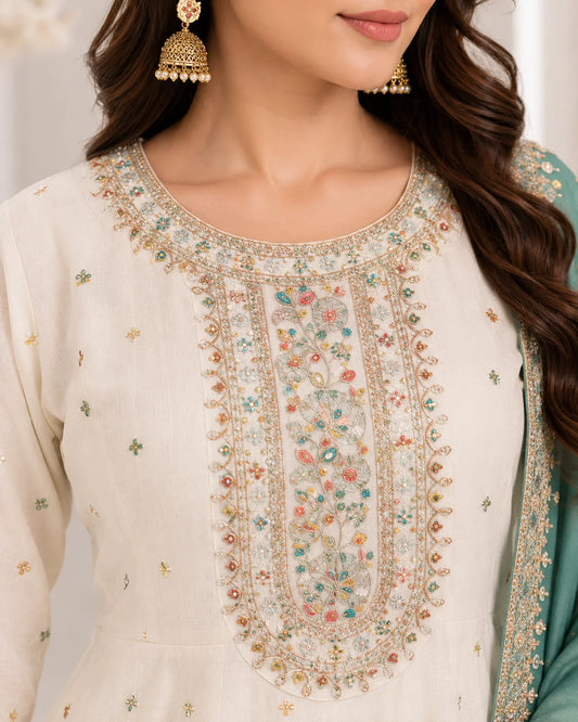 White Floral Embroidered Anarkali Frock Suit with Teal Dupatta