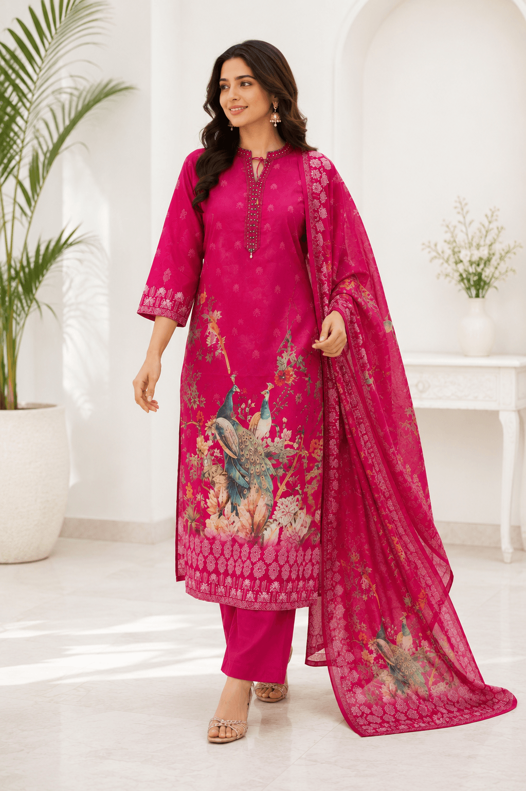 Raniriwaaz Peacock Bloom Hot Pink Kurta Sets