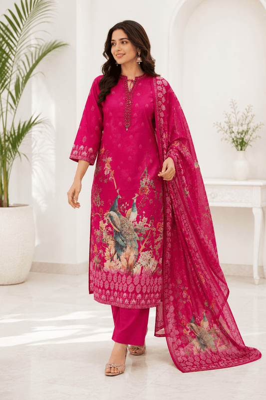 Raniriwaaz Peacock Bloom Hot Pink Kurta Sets