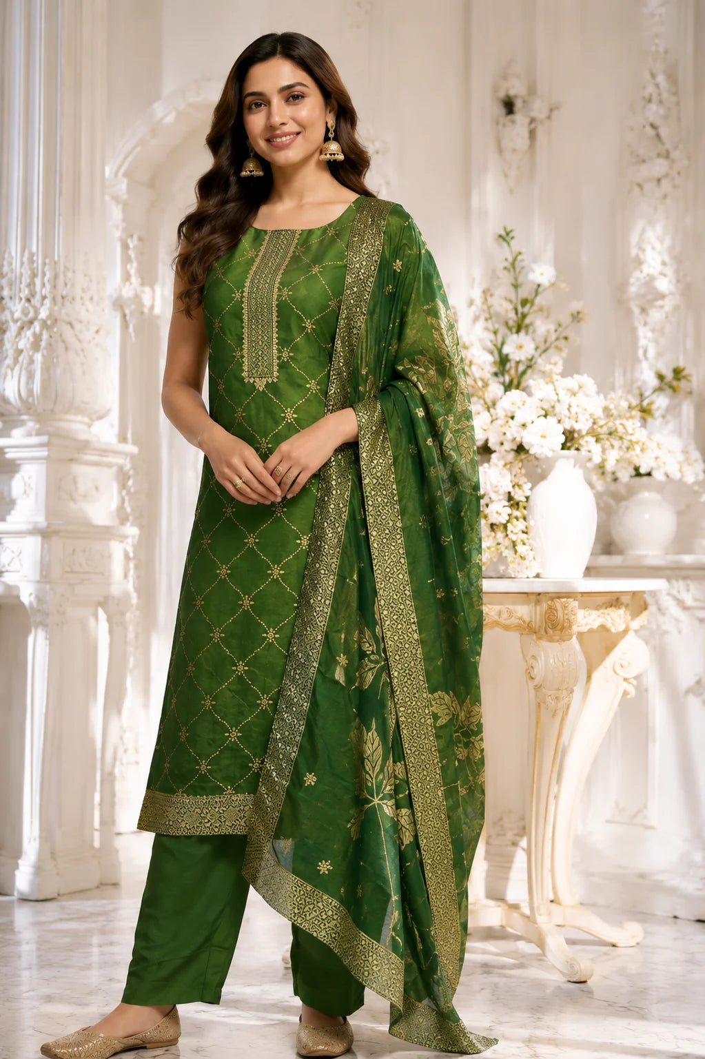 Emerald Green Dola Silk Gold-Embroidered Kurta Set
