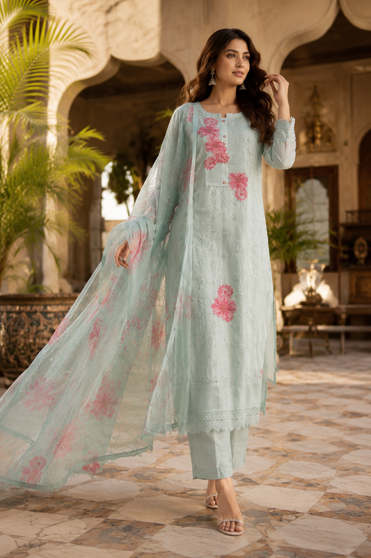 Raniriwaaz Mint Blossom Embroidered Kurta Set