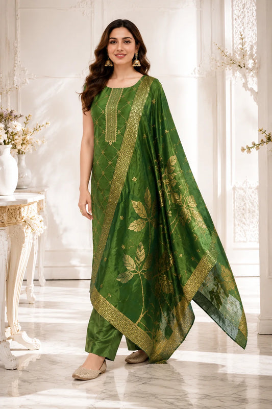 Emerald Green Dola Silk Gold-Embroidered Kurta Set