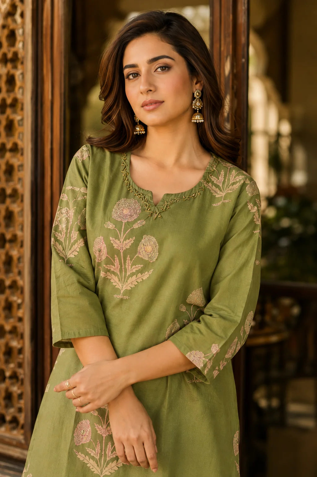 Olive Bloom Printed Kurti Set