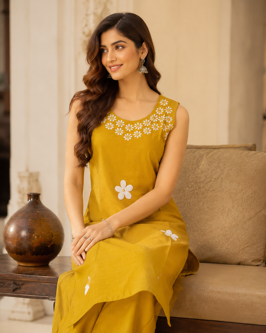 Raniriwaaz Mehandi yellow Bloom Kurta set