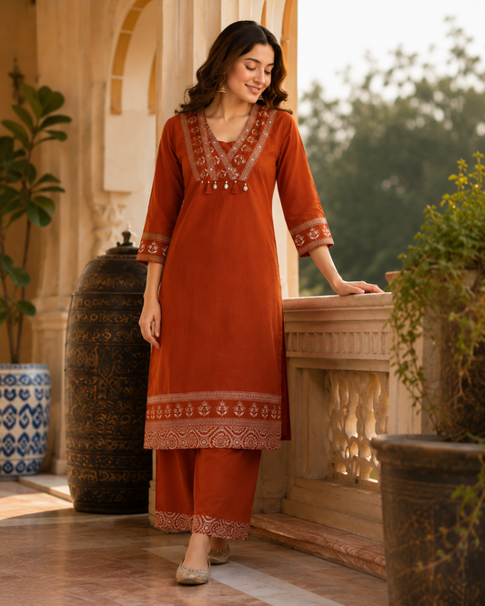 Rust Royale Embroidered Kurta Set