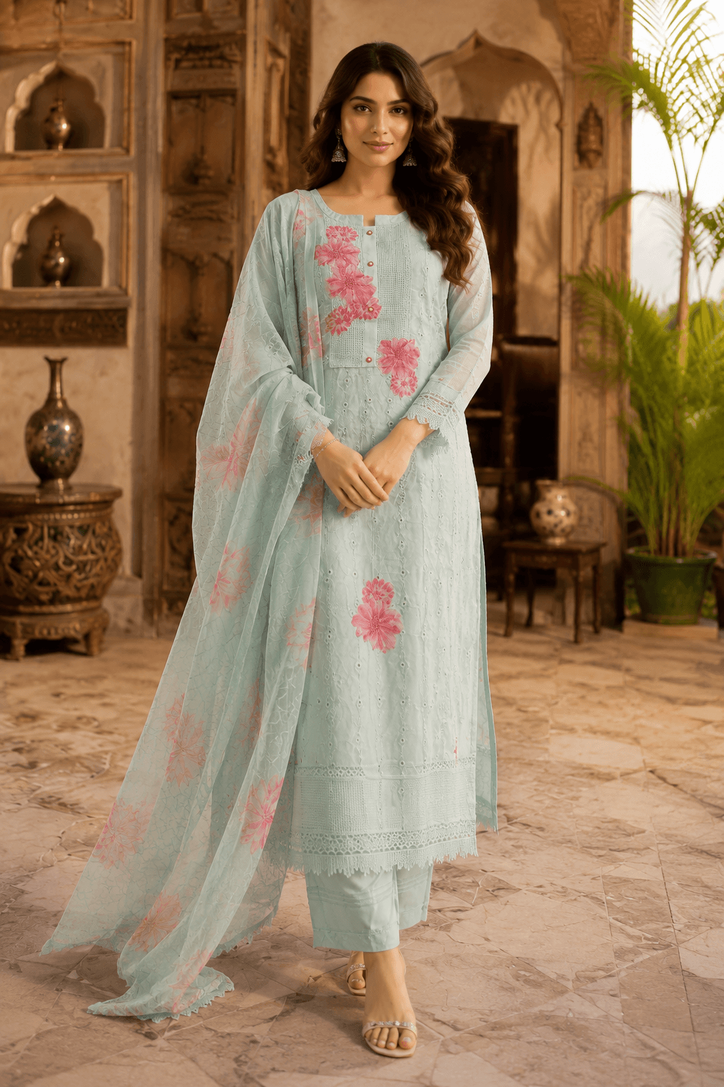 Raniriwaaz Mint Blossom Embroidered Kurta Set