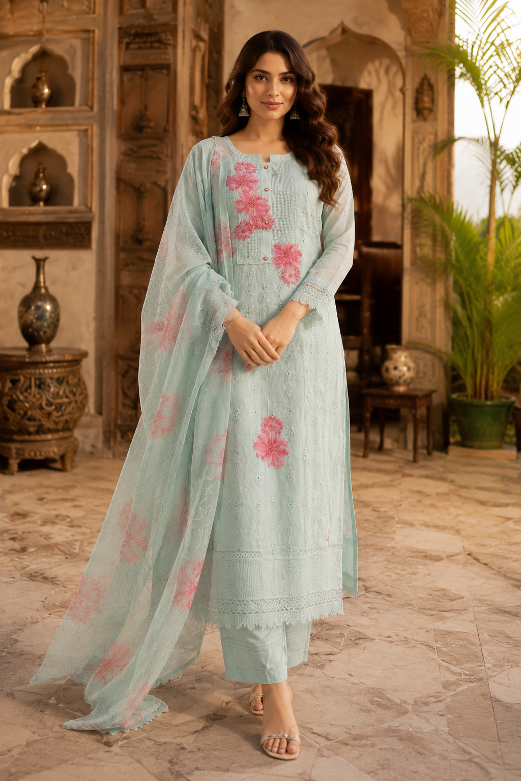 Raniriwaaz Mint Blossom Embroidered Kurta Set