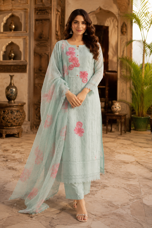 Raniriwaaz Mint Blossom Embroidered Kurta Set