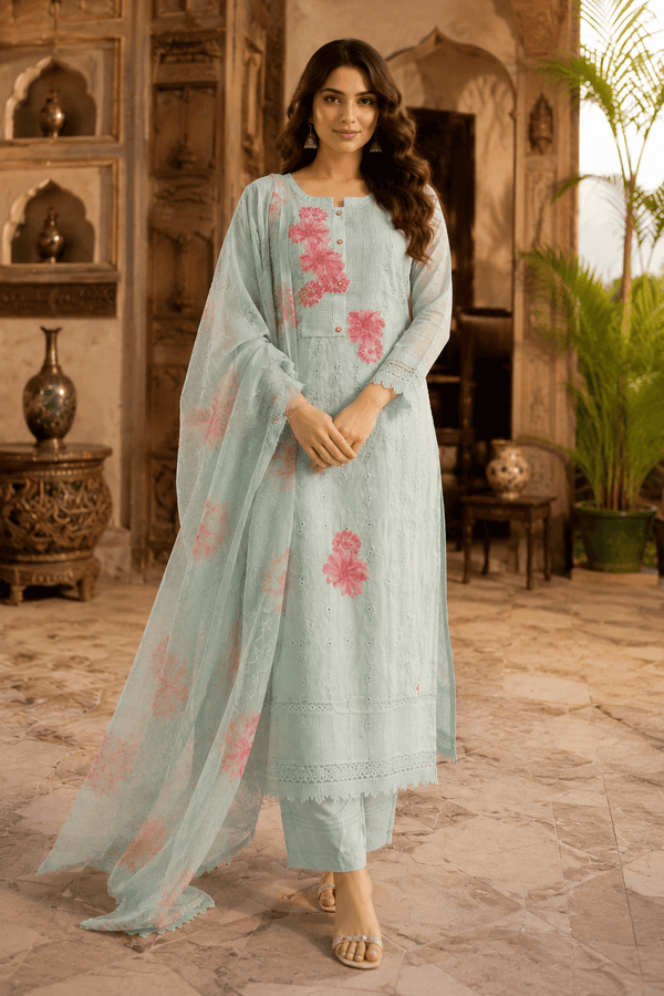 Raniriwaaz Mint Blossom Embroidered Kurta Set