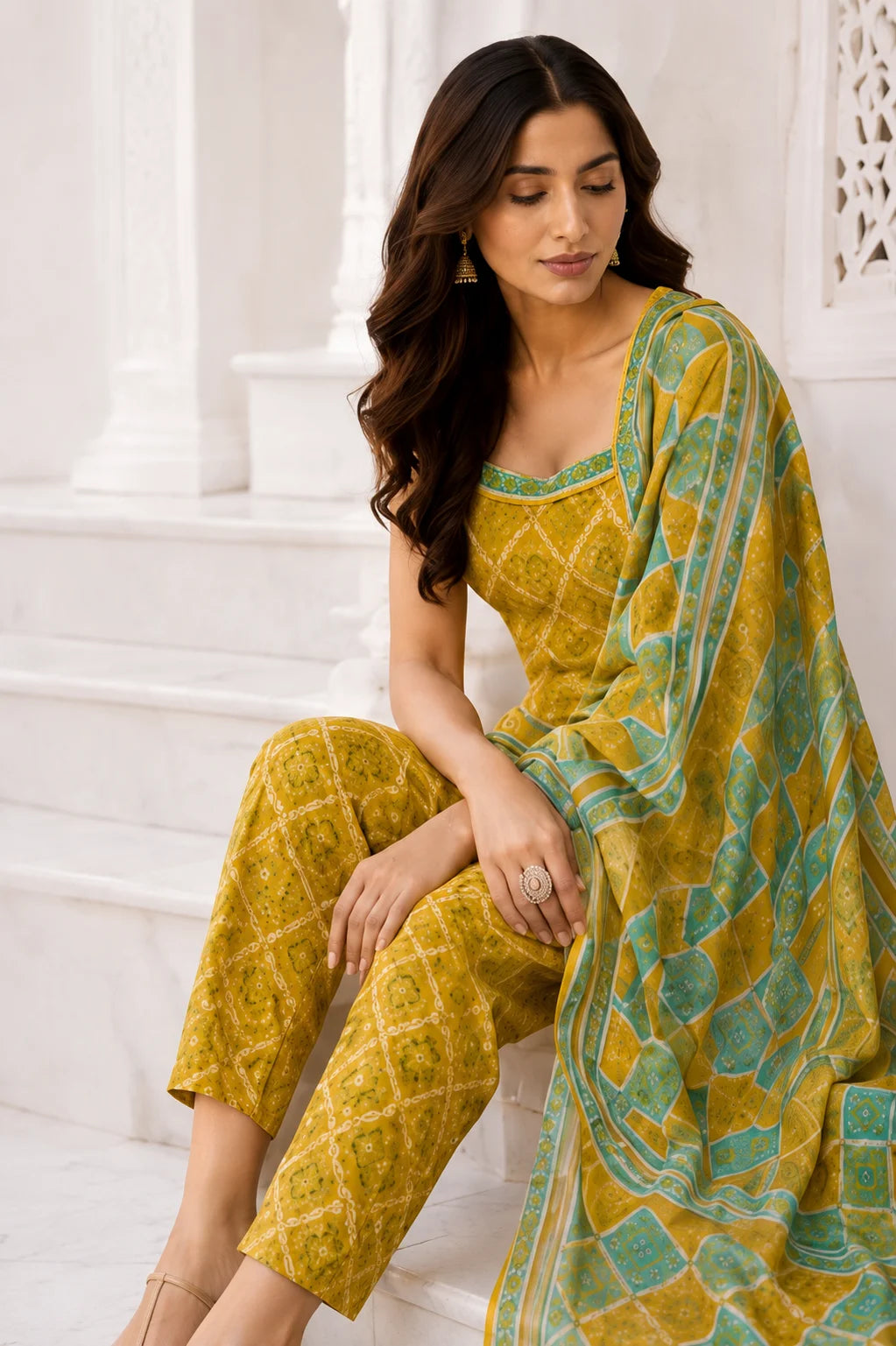 Mustard Bloom Bandhani Kurti Set