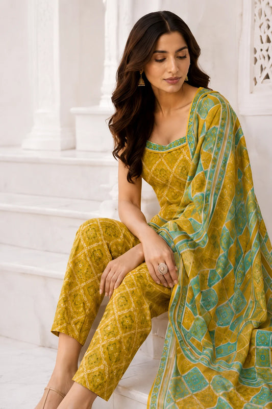 Mustard Bloom Bandhani Kurti Set