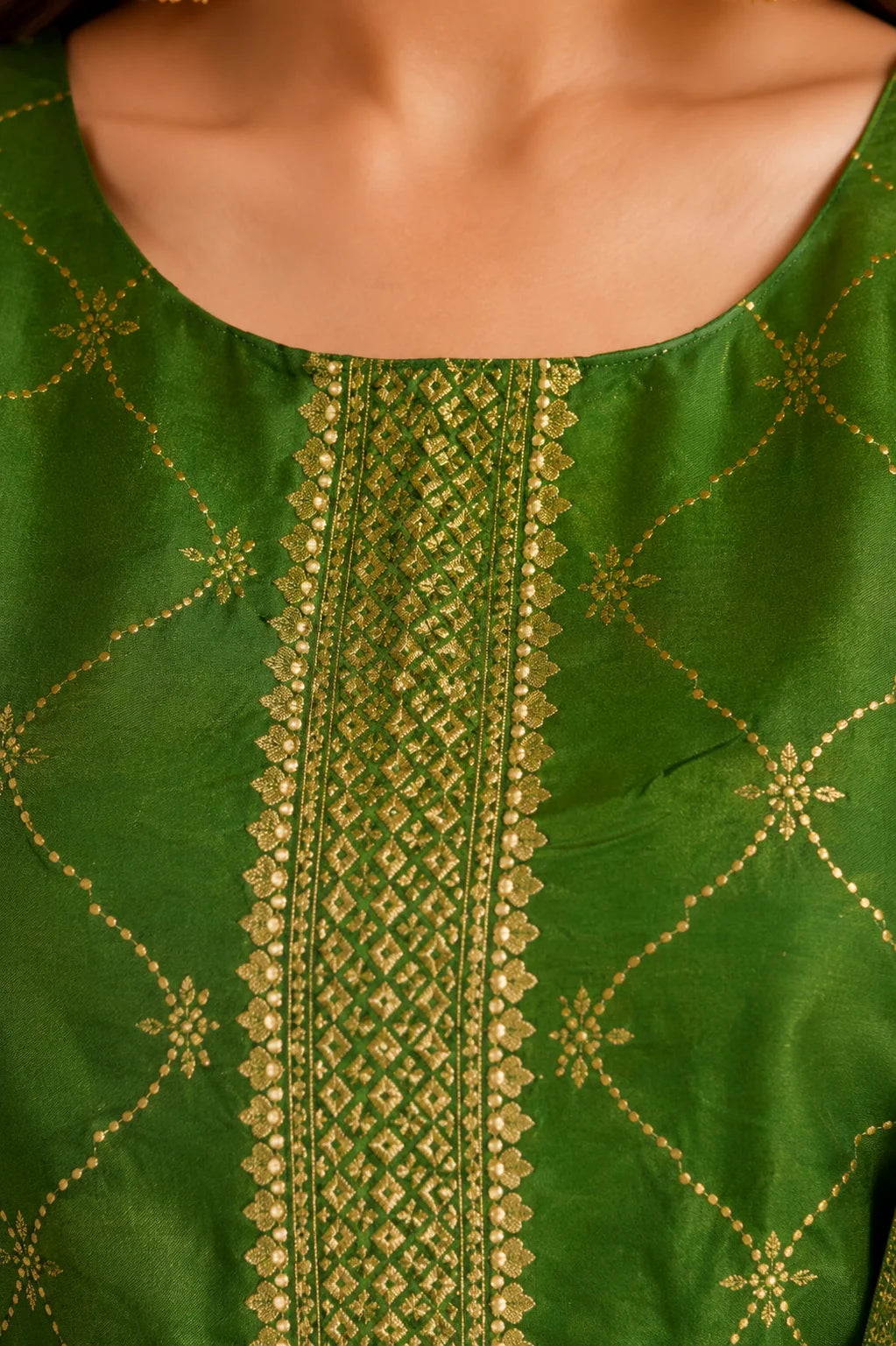 Emerald Green Dola Silk Gold-Embroidered Kurta Set