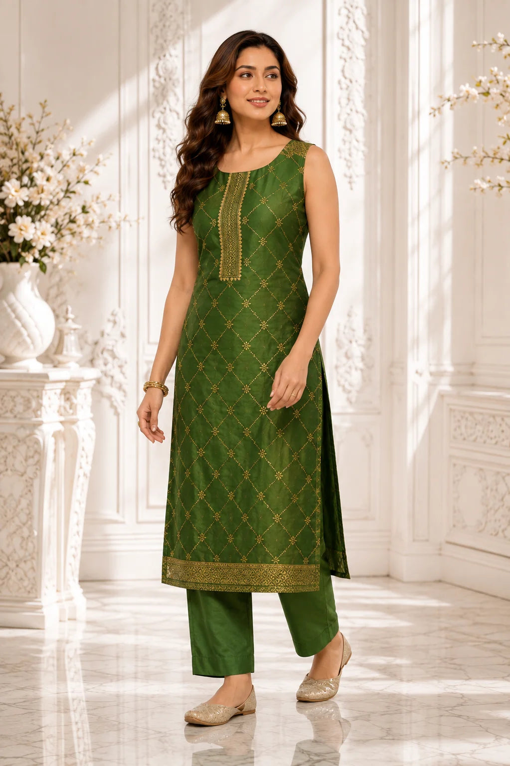 Emerald Green Dola Silk Gold-Embroidered Kurta Set