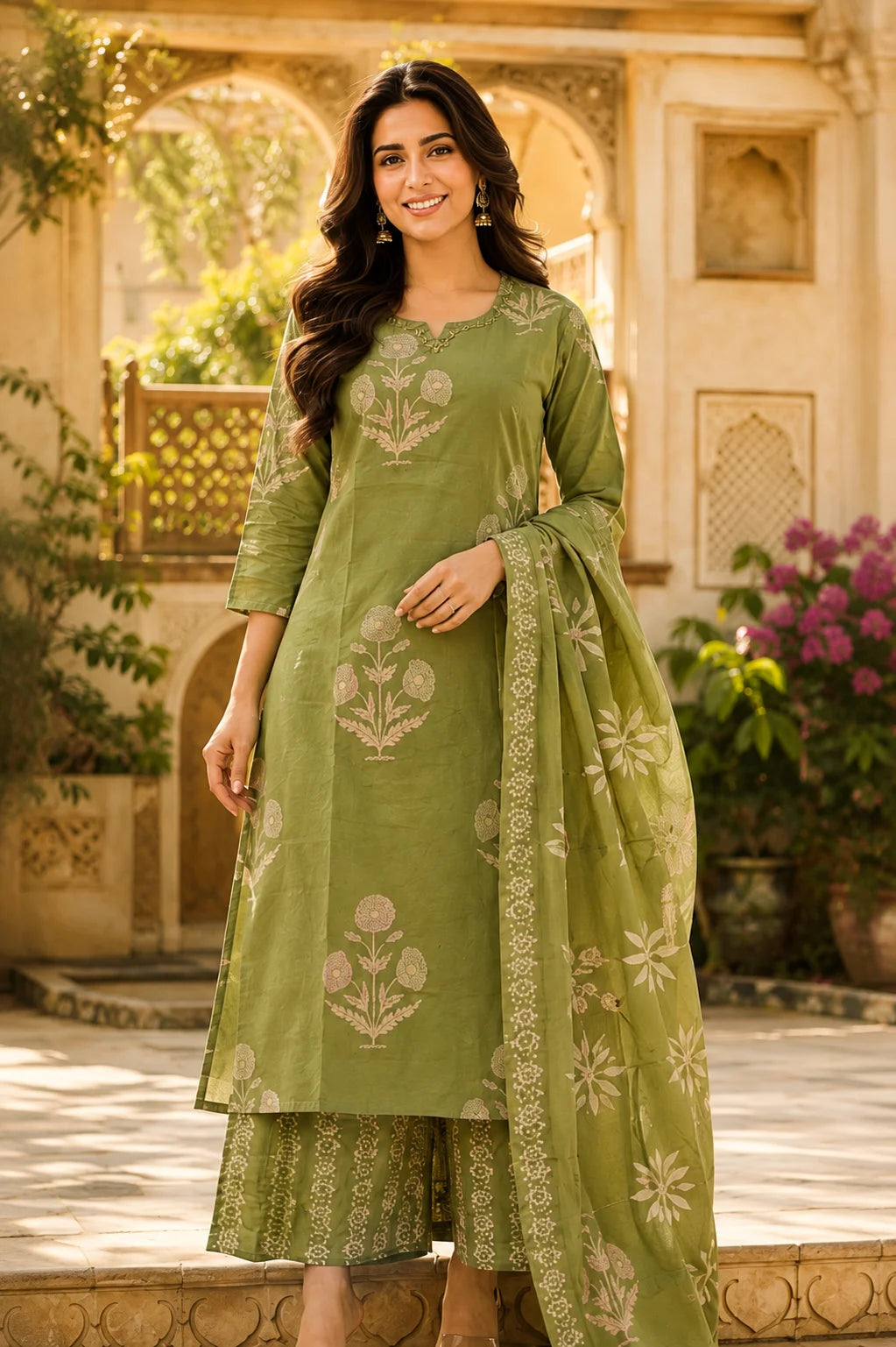Olive Bloom Printed Kurti Set